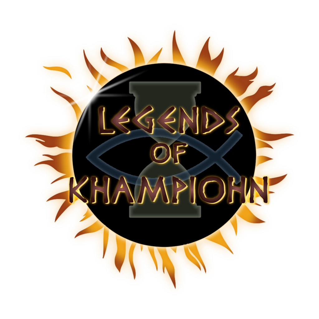 Legends of Khampiohn logo, featuring a cold sun covering a normal sun. In it are an hourglass and an ichthius symbol.